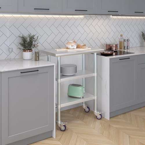 Image of AmGood Stainless Steel Work Table with 2 Shelves and Casters | Metal Utility Table On Wheels (Stainless Steel Work Table with 2 Shelves + Casters, 30 inch Long x 18 inch Deep)
