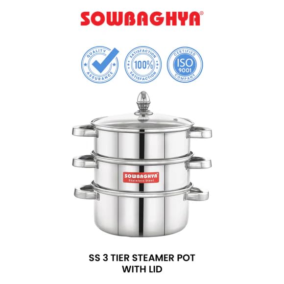 Image of Sowbaghya 3-Tier Stainless Steel Steamer | Idli Maker, Momo & Modak Pot | Induction & Gas Compatible | Heavy Gauge | Glass Lid | Double-Riveted Handles | Multi-Purpose Cookpot