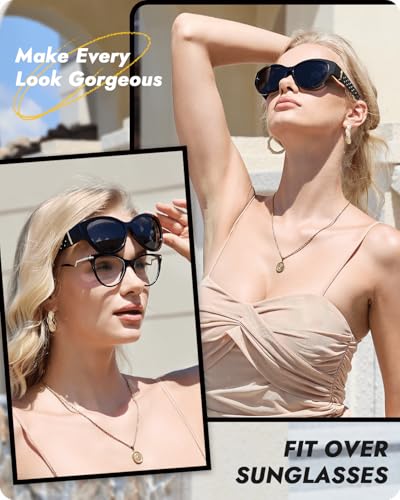 Meeloog Women Polarized Sunglasses Covers for Glasses, Wrap Around Cat Eye Sun Glasses Fit Go Over Shades for Driving MST64092
