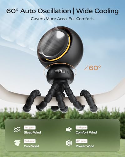 Image of Stroller Fan, Portable Baby Fan with 60 Auto Oscillation, Black | Flexible Tripod Design, USB-C Rechargeable, Long Battery Life, Quiet Motor, 4-Speed Cooling