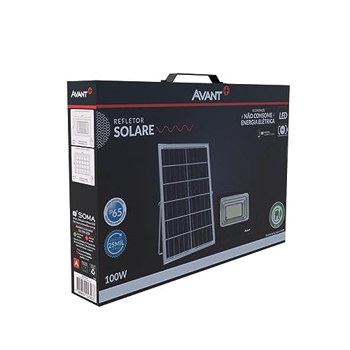 Refletor Holofote Solare, 100W, Luz branca 6500K, Energia Solar, Bivolt, Avant, PRETO