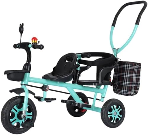 子供 双子用自転車 三輪車 二人乗り ペダル付き 押し手ハンドル 後輪ロック 物置くカゴ付 安全ベルト付 8ケ月〜7歳 ペダル自転車 乗用玩具 (グリーン, 100x98x60cm)