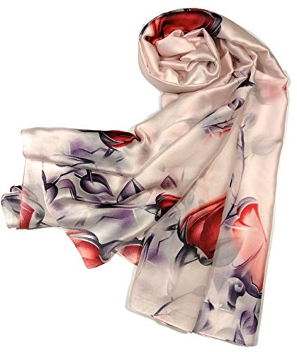 Shanlin Silk Feel Long Satin Floral Scarves For Women (Roses-Light Pink) #TOP1