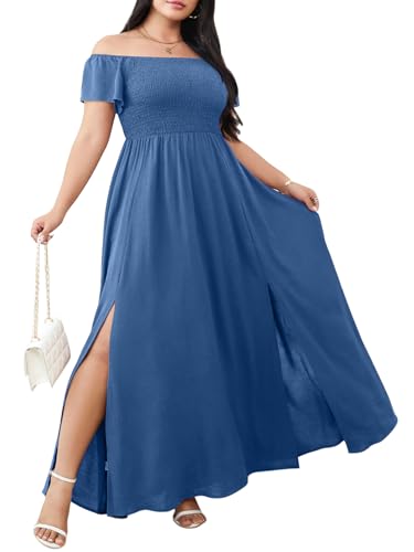 RWJ Women's Off The Shoulder Dresses Smocked Party Cocktail Maxi Dress Flowy Summer Dress Blue Gray 3XL