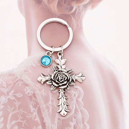 Seiraa Rose Cross Keychain With 12 Birthstones Jewelry Memorial Gifts Baptism First Communion Key Ring (Blue March Keychain) #TOP1