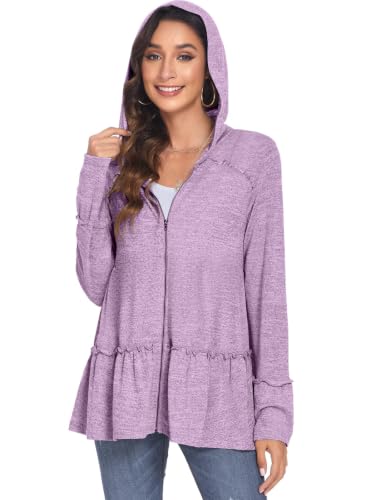 Image of DEESHA Plus Size Zip Up Hoodie for Curvy Women Spring Ruffle Hooded Sweatshirts Jacket Cardigans Lightweight