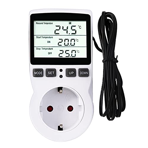 RUIZHI Digitaler Temperaturregler Steckdosen Heizung Kühlen Thermostat 250V mit Fühler Steckdose und Sonde LCD Bildschirm für Gewächshaus ,Aquarium ,Terrarium ,Reptilien （EU