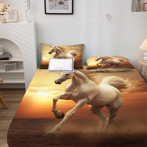 Drap Housse 140x190 Cheval, Housse de Matelas 140x190 Coucher de Soleil Motifs, Draps Housses Microfibre Bonnet 35 cm pour Matelas Epais avec 2 Taies...