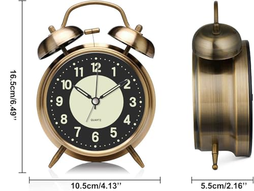 Image of Azyh Loud Alarm Clock for Heavy Sleeper, 4 Inches Twin Bell Battery Operated Metal Alarm Clocks with Night Light for Bedrooms, Retro Analog Alarm Clock for Adults, Silent Non-Ticking (Bronze)