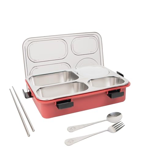 Image of Storescent Lunch Box with Compartment, Leak-Proof BPA Free Stainless Steel for School, Lunch Box for School & Office with a Fork, a Spoon and a Pair of Chopsticks (Red, 4 Compartment)