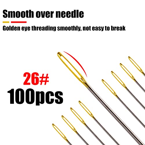 Image of 100pcs Cross Stitch Needles + 2 Needle Threader Golden Color Large Eyes Cross Stitch DIY Embroidery Hand Needles Sewing Needles in Transparent Box (26#)