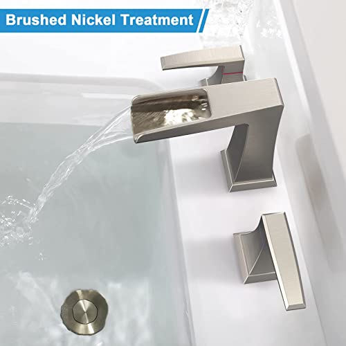 Bathroom Faucets For Sink 3 Holes, Brushed Nickel Bathroom Faucet, 8Inch Widespread & Waterfall Bathroom Faucet With Stainless Steel Pop Up Drain And Cupc Lead-Free Hose -(Brushed Nickel) #TOP1