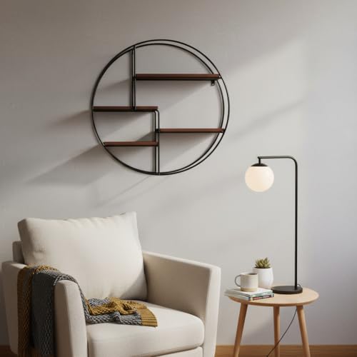 Image of Modern Round Wall Shelf Metal Frame with Wooden Shelves | Decorative Wall Mounted Storage Organizer for Living Room, Bedroom & Home Decor