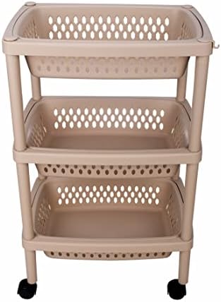 Ruishetop 3 Layers Plastic Rolling Storage Cart Vegetable Organizer Shelf Rack Storage Tower Utility Cart with Wheels and Removable Baskets, for Kitchen Laundry Room Bathroom Office Home (Khaki)