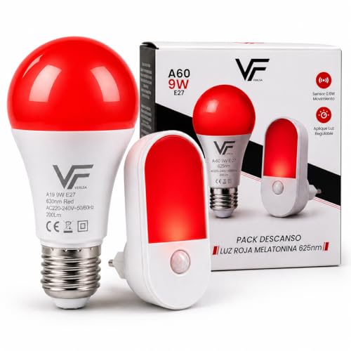 VERLSA Pack 2 Luz Roja Nocturna 625 nm + Luz Nocturna Enchufable (E27 9W y 1W) - Flicker Free, 0% Luz Azul