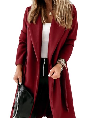 Image of Tankaneo Womens Notched Lapel Collar Coats Open Front Long Jackets Overcoat with Belt