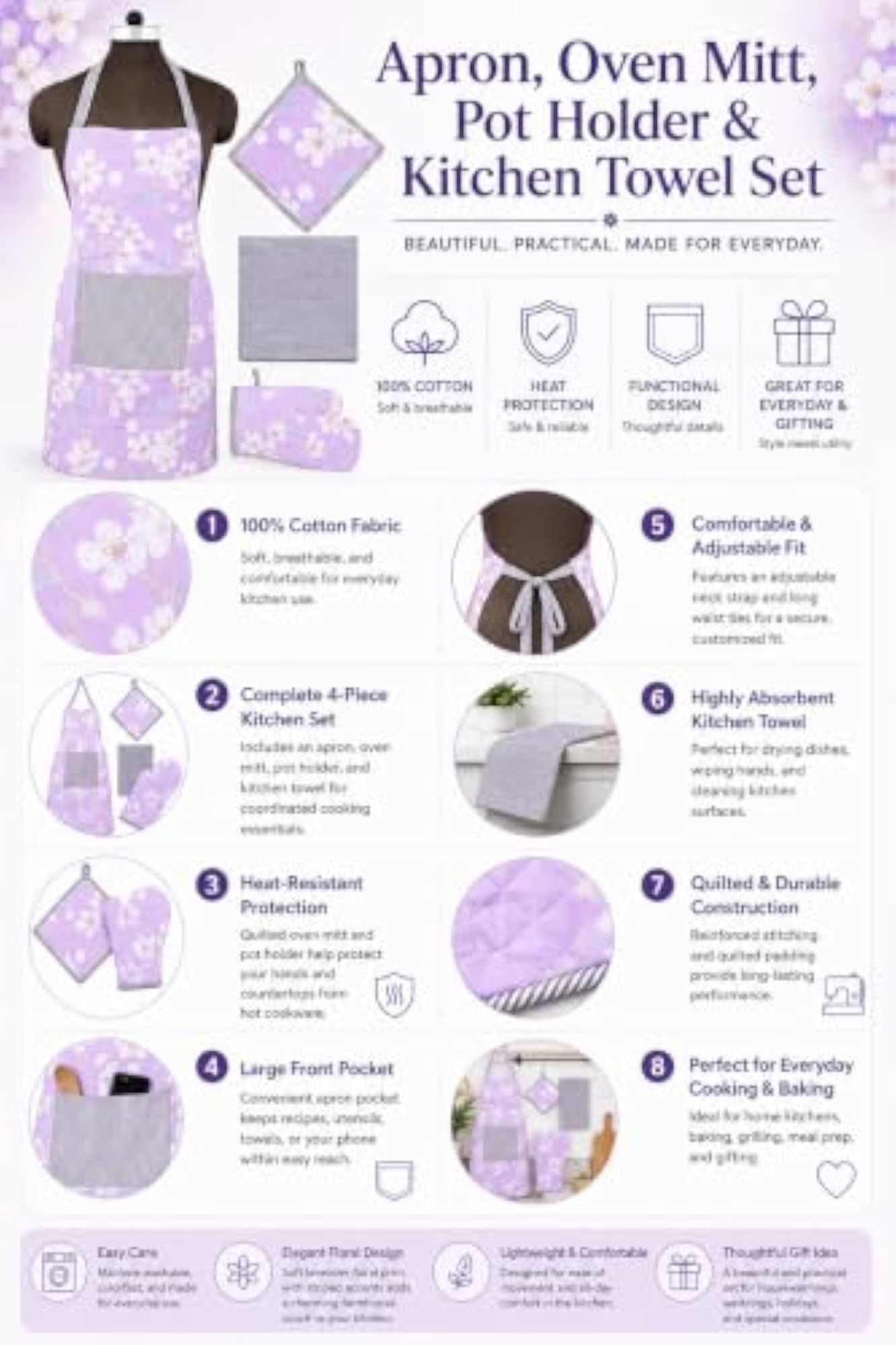 Cotton Kitchen Apron with Pocket, Oven Mitt & Pot Holder Gift Set