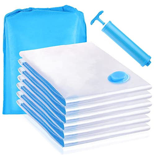 AiQInu Sac Rangement Sous Vide Aspirateur, Lot de 6 (60 x 80cm) Sac Sous Vide Vetement avec 1 Pompe Manuelle et 1 Sac de Rangement,Réutilisable Housse Rangement sous Vide pour Rangement Vetement