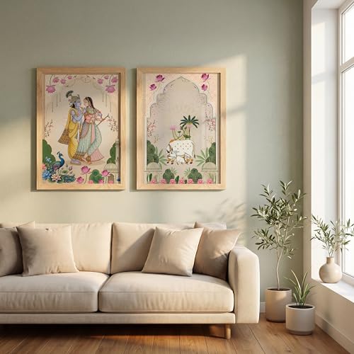 Image of Suneree Pichwai Radha Krishna Kamdhenu Cow Wall Art Painting | Set of 2 Framed Paintings | Traditional Indian Decor for Living Room Pooja Room Home | (ART 3, 13x19 INCHES)