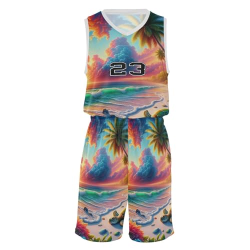 FLildon Colorful Sunset Beach Boys Basketball Jersey Set Tank Top Shorts Tracksuit Sport Training Suit for Kids, XL