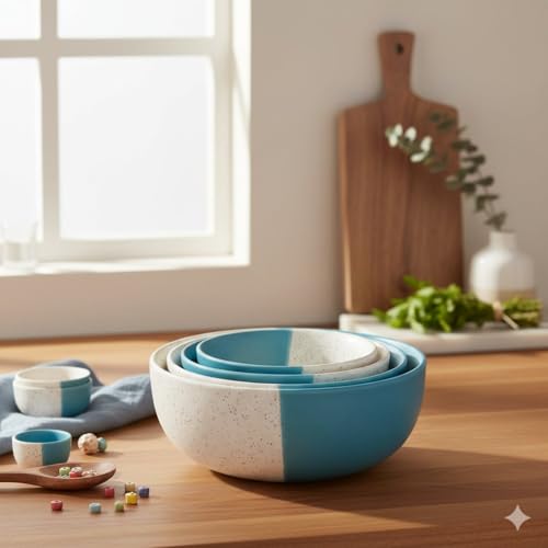 Image of Ceramic Mixing Bowl Set - 4 Pieces (1500ml, 800ml, 600ml, 400ml), White Dusty Blue - Durable, Microwave & Dishwasher Safe - Ideal for Mixing, Serving & Storage