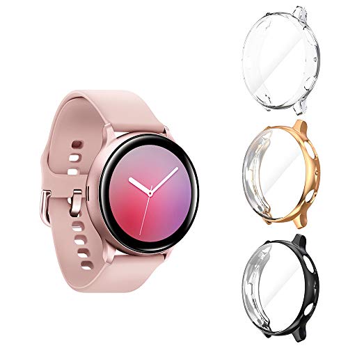 Seltureone (3 Pack) Compatible for Samsung Galaxy Watch Active 2 Case 40mm (2019), Heavy-Duty Overall Full Body Protective TPU Anti-Scratch Cover for Active2 40mm (Clear,Black,Rose Gold)
