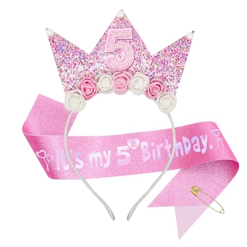 QIUJALE Glitter Flower Birthday Crown Sash Set for Girls Princess Party Decorations (5th, Headband)