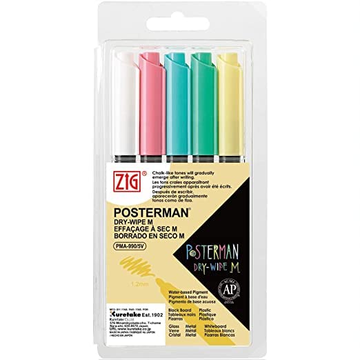 ZIG KURETAKE POSTERMAN Dry-Wipe M5 Color Set(PMA-990/5V)are designed as a liquid form of chalk for writing on surface like illuminating boards ,white boards, windows glass.and other non-porous surface
