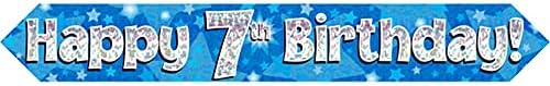 9ft Banner Happy 7th Birthday Blue holographic, 9 ft