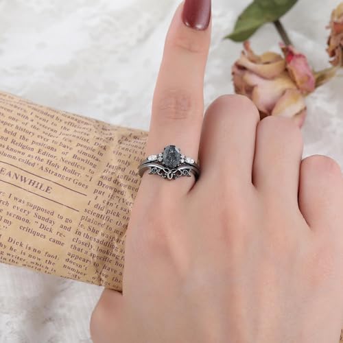 IRROYA Natural Black Rutilated Quartz Black Gold Plated Bridal Wedding Ring Set, Trinity Celtic Knot 925 Sterling Silver 6x8mm Oval Quartz Gothic Engagement Rings, Black Spinel Anniversary Promise Band Ring Size 8.5 by IRROYA - Image 5