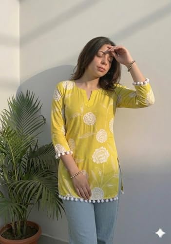 Image of SAICHA Women's Cotton Printed Short Kurti with Pom Pom, Red Floral Pattern