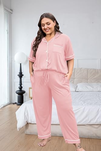 Image of Vozanet Women's Plus Size Pajamas Button Down Shirt and Pants Soft Lounge Sets Bride Nighty Bottom with Pockets 1x to 5x