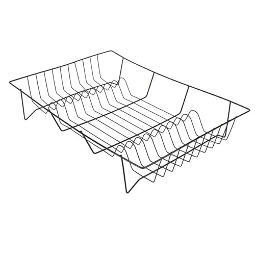 ZYCORE Flat Dish Drainer Rack - Large Chrome Wire Washing Drainer - Heavy Duty Storage Rack for Kitchen Plates, Cups, Bowls, Trays and Glass, 48 x 32 x 8 cm (Black)