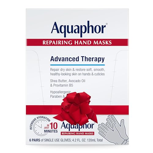 Aquaphor Repairing Hand Masks, Moisturizing Gloves for Dry Hands with Avocado Oil and Shea Butter, Holiday Gifts for Self Care, Pack of 6