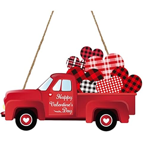 Valentine’s Day Sign Red Truck Valentine’s Day Wooden Door Sign Valentine Wall Hanging Sign Door Hanger Wall Plaque for Wreaths Valentines Day Door Decorations (Red heart) Cover