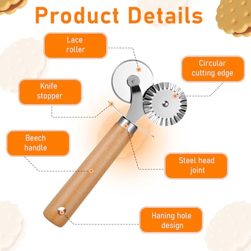 Oruola Double-Bladed Pasta Cutter Wheel - Stainless Steel Pastry Cutter with Wooden Handle for Pizza, Ravioli & Cookie Dough - Image 3
