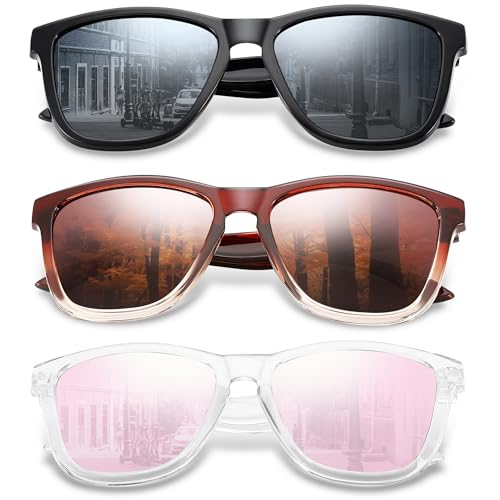 Hycredi Polarized Sunglasses for Women Men, Retro Classic Driving Square Sun Glasses Trendy Shades UV400 Protection - 3 Pack