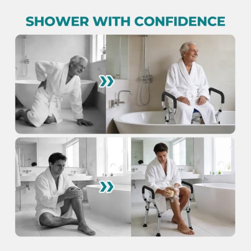 Image of Shower Chair for Inside Shower with Arms & Back, 550 lbs, 6 Heights | Dual Crossbar Frame, Non-Slip Feet, 22-Inch EVA-Cushioned Seat, Showerhead Holder, Rust-Resistant Aluminum, Tool-Free Setup