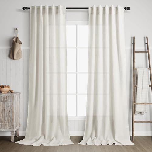Image of Nanspring Cream Linen Curtains 102 inches Long for Living Room Back Tab Privacy Semi Sheer Curtains Modern Farmhouse Floor to Ceiling Long Curtain 2 Panel Set 38x102 for Bedroom Dinning Room
