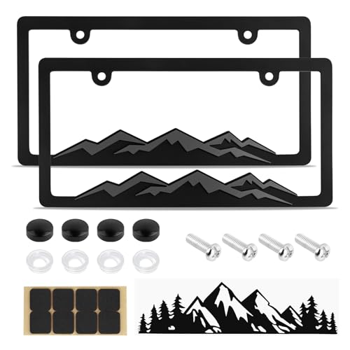 2PCS Car License Plates Frames with Raised Mountain Pattern & Mountain Car Decal Stylish Cars Plates Frame with Screws & Caps Decorative Cars Accessories Thin License Plate Frame