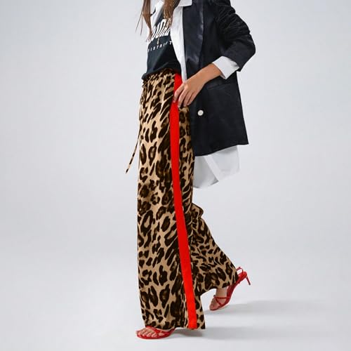 Women's Y2K Leopard Print Pants Elastic Waist Wide Leg Street Long Trousers with Pockets Casual Wide Leg Pants4