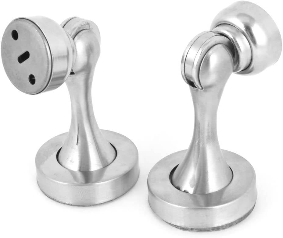 Tope para puerta con soporte magnético de metal plateado y base redonda, kit de 2 piezas