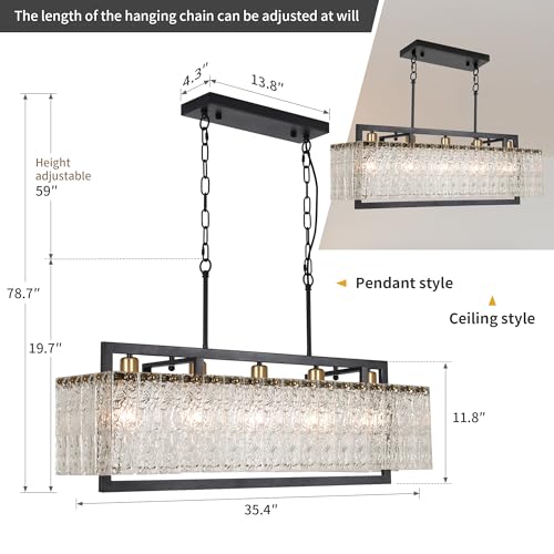 KINGTORO Lustre de cristal preto moderno para sala de jantar, luminária suspensa de 90 cm, design de