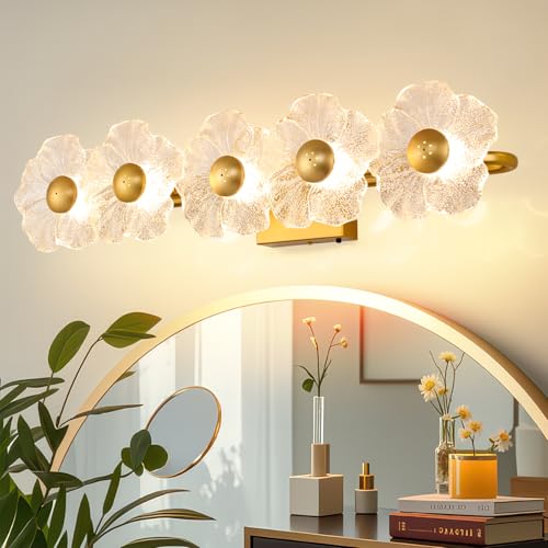 Image of MantoLite 26.7'' Bathroom Light Fixtures Modern Vanity Light Over Mirror Adjustable 3000K-6000K Picture Lights Art Light with Floral Clear Glass Shades for Living Room Bedroom (5 Light Gold)
