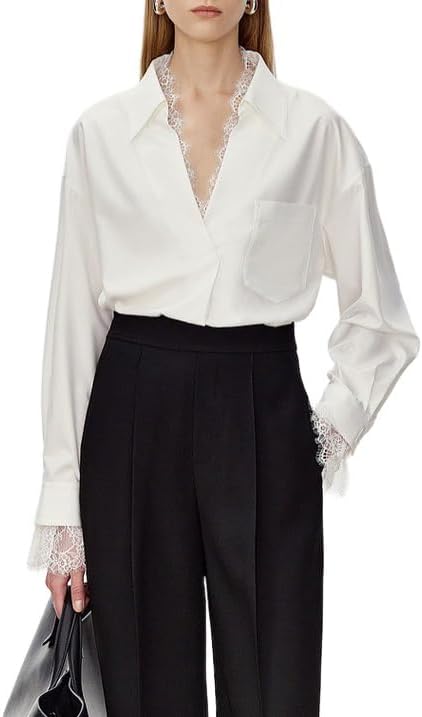 Women'S Lace Patchwork V Neck Long Sleeve Shirt Business Professional Casual Top