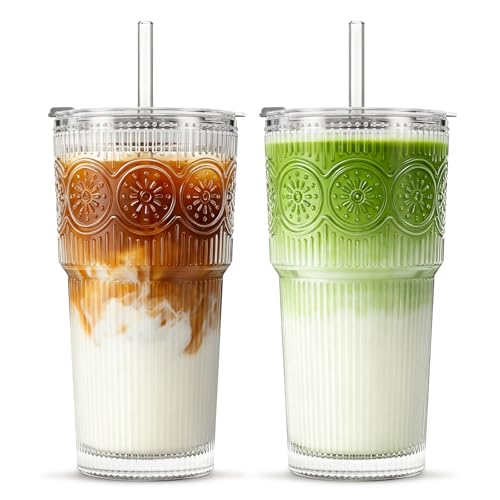 Image of INSETLAN 20oz Ribbed & Floral Glass Tumblers with Lids and Straws, Set of 2 - Clear Iced Coffee Cups, Reusable Drinking Glasses for Water, Smoothies, Tea, and Juice - Perfect for Travel & Daily Use