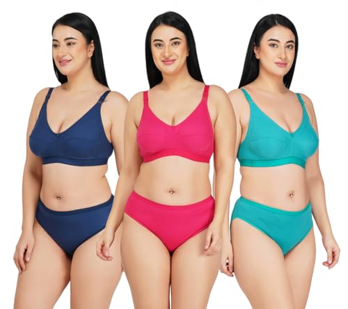 Image of SPUNN Women's Cotton Mix Full Coverage Non Padded Bra Panty Set for Heavy Bust Lingerie Set Combo