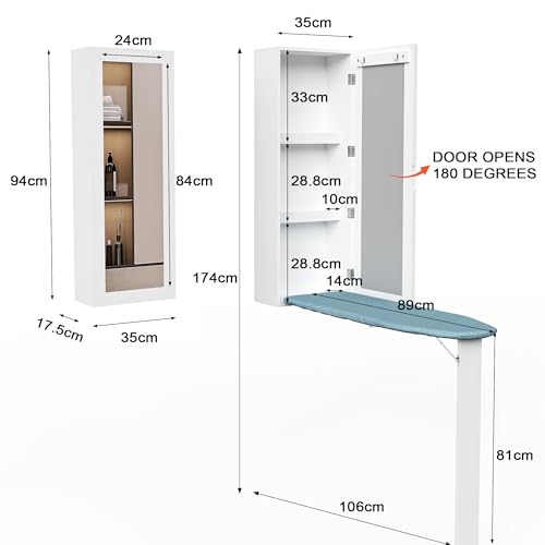 Organizedlife Armario para Tabla de Planchar montado en la Pared con almacenaje para la Plancha, Centro de Planchado Incorporado, Tabla de Planchar Colgante para lavandería, Pata Plegable y Espejo - imagen 6