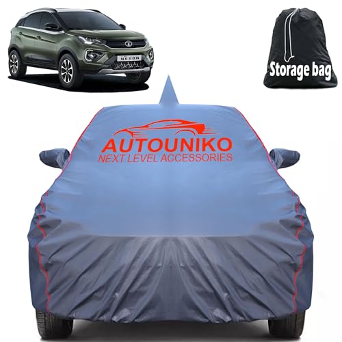 Image of 100% Waterproof Car Body Cover for Tata Nexon with Mirror and Antenna Pocket and Soft Cotton Lining (Full Bottom Elastic Triple Stitched) (Grey with Red Piping) (Grey)