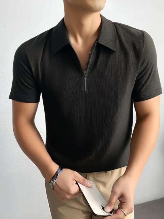 Image of Mack Jonney Ribbed |Regular Fit | Half Sleeves 100% Cotton Polo Neck Self Design with Zip T-Shirt for Men-M826